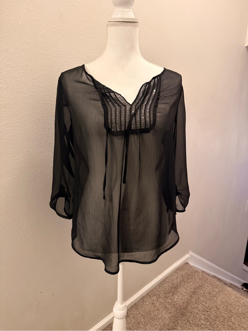 Express Black Sheer Peasant Tunic with Embroidered Yoke